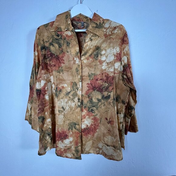 Harvé Bernard Womens Floral Button-Up Shirt Size 1X Brown Linen-Cotton Blend - Picture 1 of 8